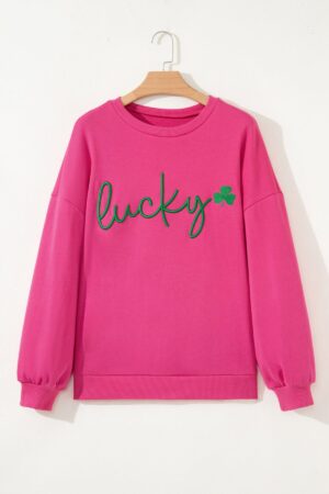 Rose Red Lucky Clover Embroidered Loose Pullover Sweatshirt - Image 3