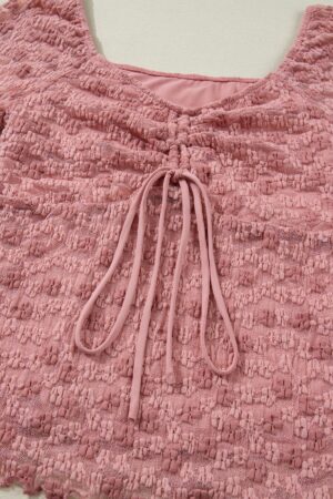 Peach Blossom Drawstring Knot Detail Floral Lace Blouse - Image 7