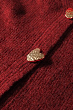 Fiery Red Heart Metal Button V Neck Cardigan Sweater - Image 17