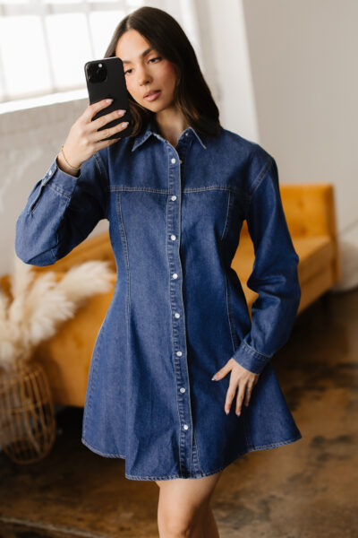 Ashleigh Blue Denim Shirt Collar Long Sleeve Flared Mini Dress