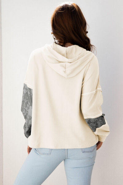 Alternative view of White Waffle Printed Patchwork Drawstring Hooded Long Sleeve Top