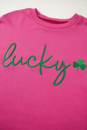 Rose Red Lucky Clover Embroidered Loose Pullover Sweatshirt - Image 6