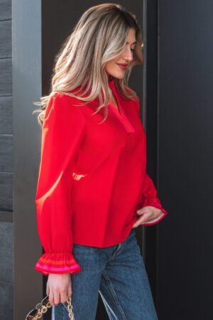 Fiery Red Striped Trim Ruffle Split Neck Long Sleeve Blouse - Image 11