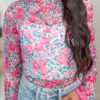 Pink Slim Fit Floral Mesh Long Sleeve Mock Neck Top