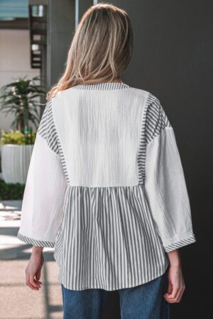 Gray Stripe Half Button Gauze Patchwork Bracelet Sleeve Babydoll Blouse - Image 15