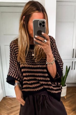Black Stripe 3/4 Draped Sleeve Slouchy Sweater - Image 2