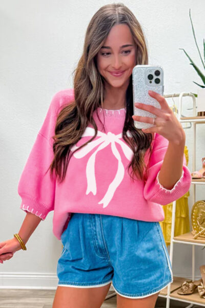 Alternative view of Sachet Pink Big Ribbon Bow Print Contrast Stitch Trim Drop Shoulder Sweater