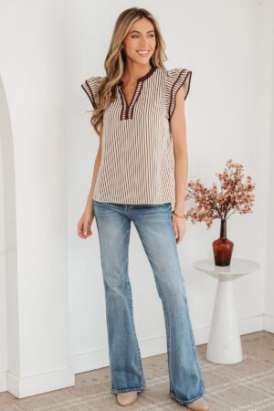 Khaki Stripe Double Ruffled Short Sleeve V Neck Blouse - Image 19