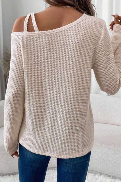 Alternative view of Jet Stream Solid Color Textured Knit Asymmetric Shoulder Long Sleeve Top