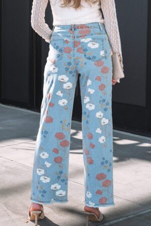 Sky Blue Floral Printed Raw Hem Shift Jeans - Image 18