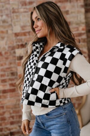Black Double Checked Stand Collar Cropped Puffer Vest - Image 14