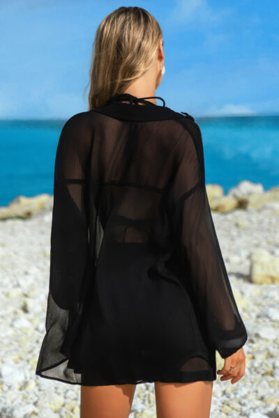 Alternative view of Black Sheer Tunic Shirt Drawstring Shorts 2pcs Swim Cover Up