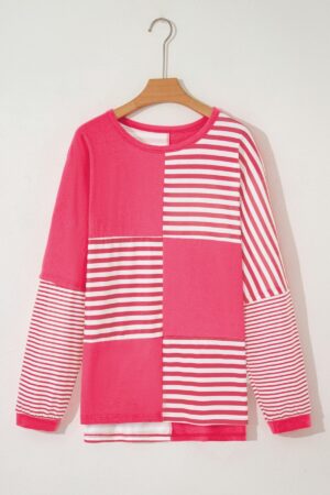 Pink Stripe Color Block Patchwork Drop Shoulder Long Sleeve Tunic Top - Image 4
