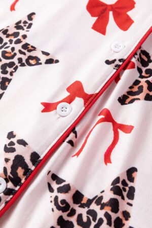 White Leopard Star Ribbon Bow Print Contrast Trim Short Pajama Set - Image 5
