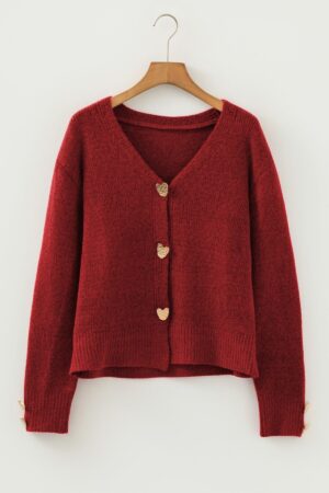 Fiery Red Heart Metal Button V Neck Cardigan Sweater - Image 12