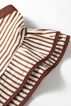 Khaki Stripe Double Ruffled Short Sleeve V Neck Blouse - Image 11