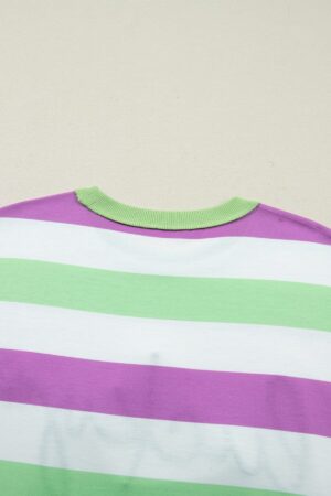 Green Stripe Lucky Clover Embroidered Graphic Dolman Loose Tee - Image 5