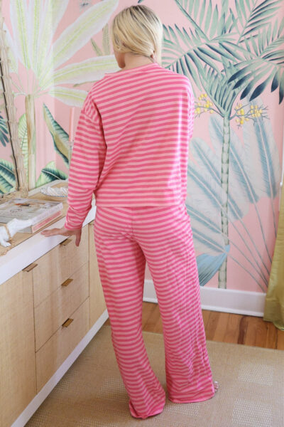 Alternative view of Rose Stripe Drop Shoulder Round Neck Top and Buttoned Straight Pants Two Piece Set