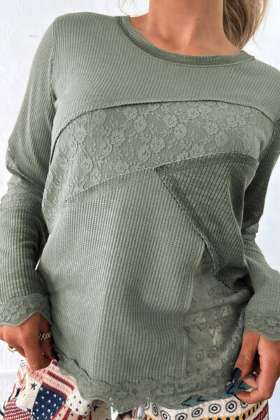 Alternative view of Sage Green Solid Color Waffle Ribbed Lace Patchwork Long Sleeve Top