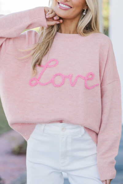 Pink Corded Love Script Graphic Baggy Sweater