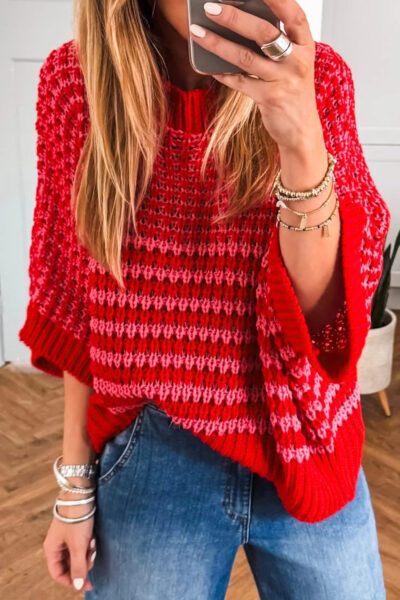 Red Stripe 3/4 Draped Sleeve Slouchy Sweater