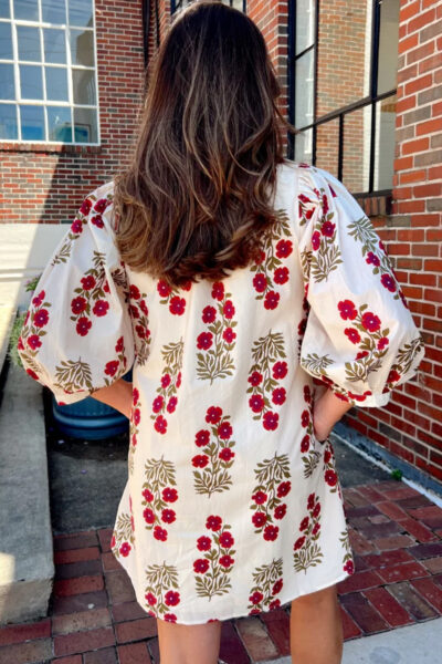 Alternative view of White Floral Print V Neck 3/4 Sleeve Loose Mini Dress