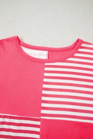 Pink Stripe Color Block Patchwork Drop Shoulder Long Sleeve Tunic Top - Image 6