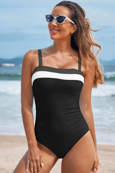 Black Color Block Detail Adjustable Straps One Piece Swimsuit