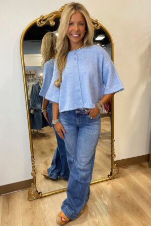 Beau Blue 3/4 Sleeve Boxy Knit Button Down Sweater Cardigan - Image 4