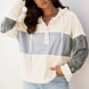 White Waffle Printed Patchwork Drawstring Hooded Long Sleeve Top