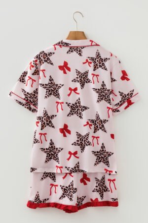 White Leopard Star Ribbon Bow Print Contrast Trim Short Pajama Set - Image 4