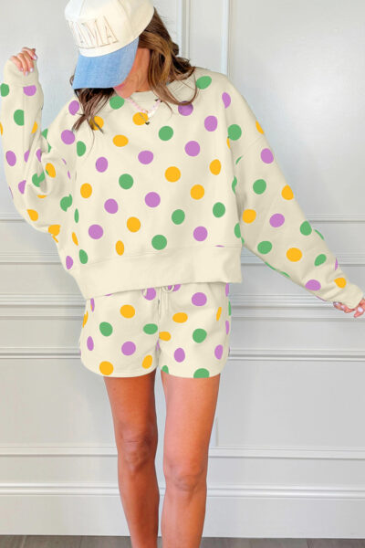 Alternative view of Multicolour Polka Dot Print Drop Shoulder Pullover Drawstring Shorts Set