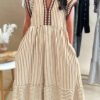 Brown Stripe Double Ruffled Short Sleeve Contrast Trim V Neck Midi Dress
