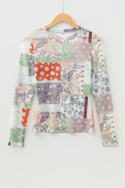 Alternative view of Khaki Mixed Floral Print Patchwork Mock Neck Mesh Top