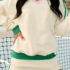 Beige Ribbed Colorblock Trim V Neck Sporty Pullover Mini Skort 2pcs Athleisure Set