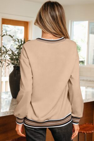 Parchment Varsity Contrast Striped Trim V Neck Sweatshirt - Image 13