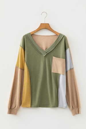 Jungle Green Exposed Stitching Colorblock V Neck Long Sleeve Top - Image 5