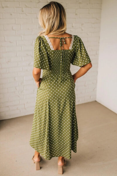 Alternative view of Green Polka Dot Print Lacy Neckline Smocked High Waist Maxi Dress