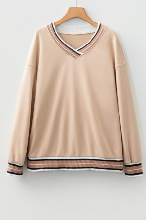 Parchment Varsity Contrast Striped Trim V Neck Sweatshirt - Image 5