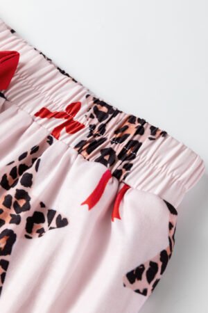 White Leopard Star Ribbon Bow Print Contrast Trim Short Pajama Set - Image 8