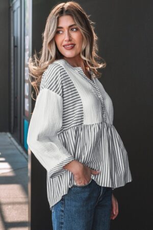 Gray Stripe Half Button Gauze Patchwork Bracelet Sleeve Babydoll Blouse - Image 16