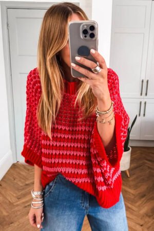 Red Stripe 3/4 Draped Sleeve Slouchy Sweater - Image 5