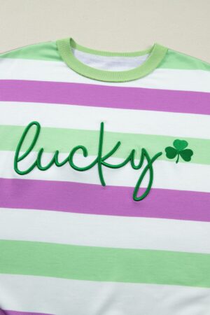 Green Stripe Lucky Clover Embroidered Graphic Dolman Loose Tee - Image 4