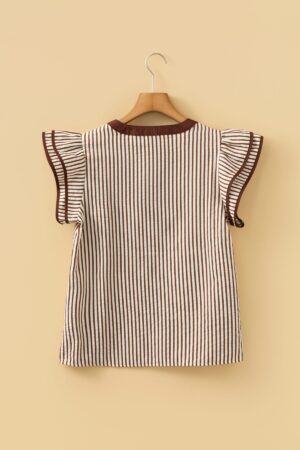 Khaki Stripe Double Ruffled Short Sleeve V Neck Blouse - Image 8