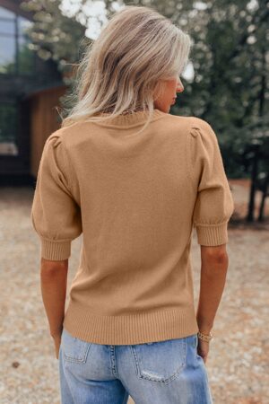 Light French Beige Solid Color Knit Short Puff Sleeve Sweater - Image 2