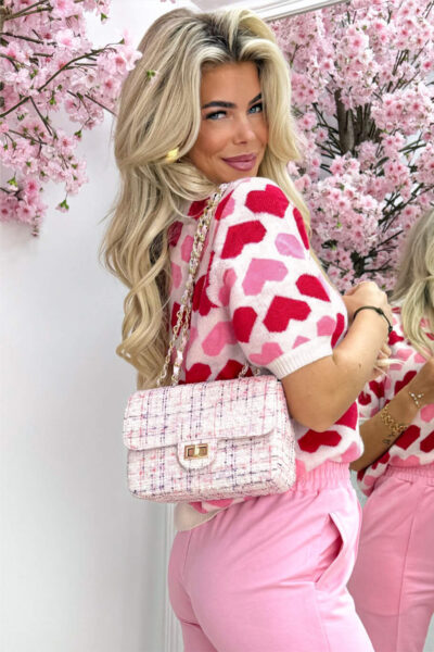 Alternative view of Sachet Pink 2-tone Heart Print Valentine Crew Neck Short Sleeve Sweater