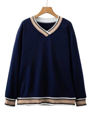 Navy Blue Varsity Contrast Striped Trim V Neck Sweatshirt - Image 15