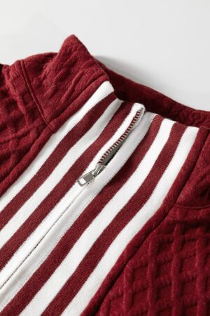 Racing Red Rhombus Textured Striped Patchwork Zip Neck Pullover Sweatshirt - Image 6