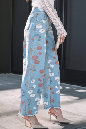 Sky Blue Floral Printed Raw Hem Shift Jeans - Image 19