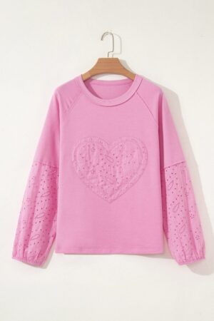 Pink Paisley Broderie Anglaise Valentine Heart Pattern Long Sleeve Patchwork Top - Image 2